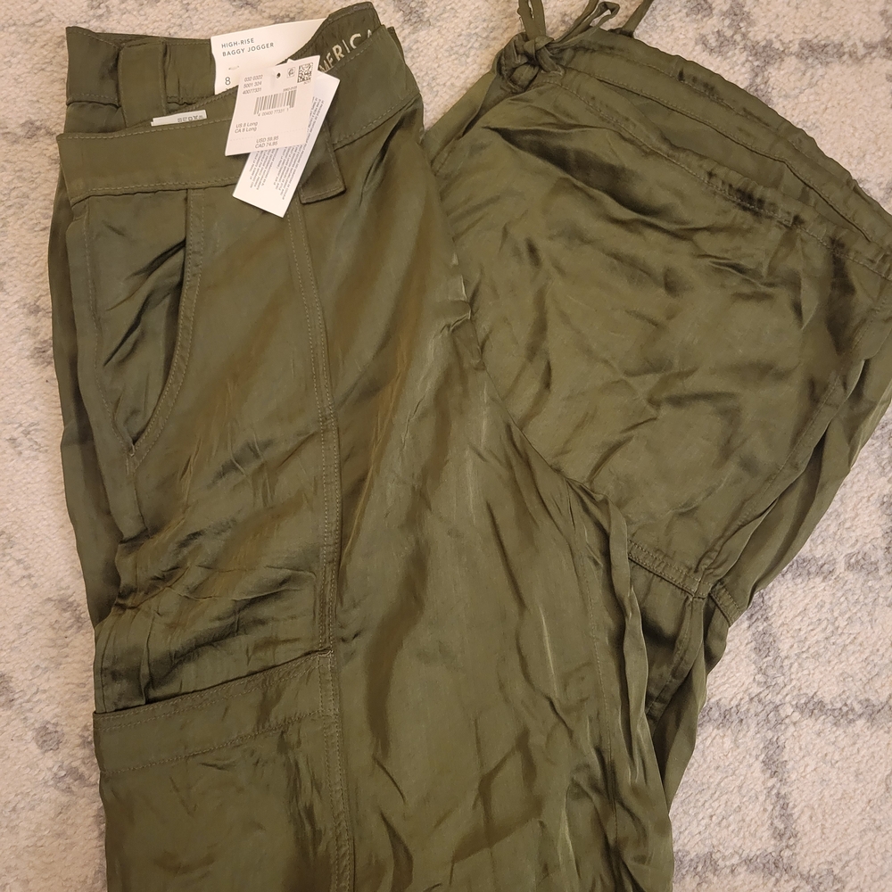 American EAGLE Olive Green Satin Cargo Pants. SIZE 8. Drawstring At Ankle